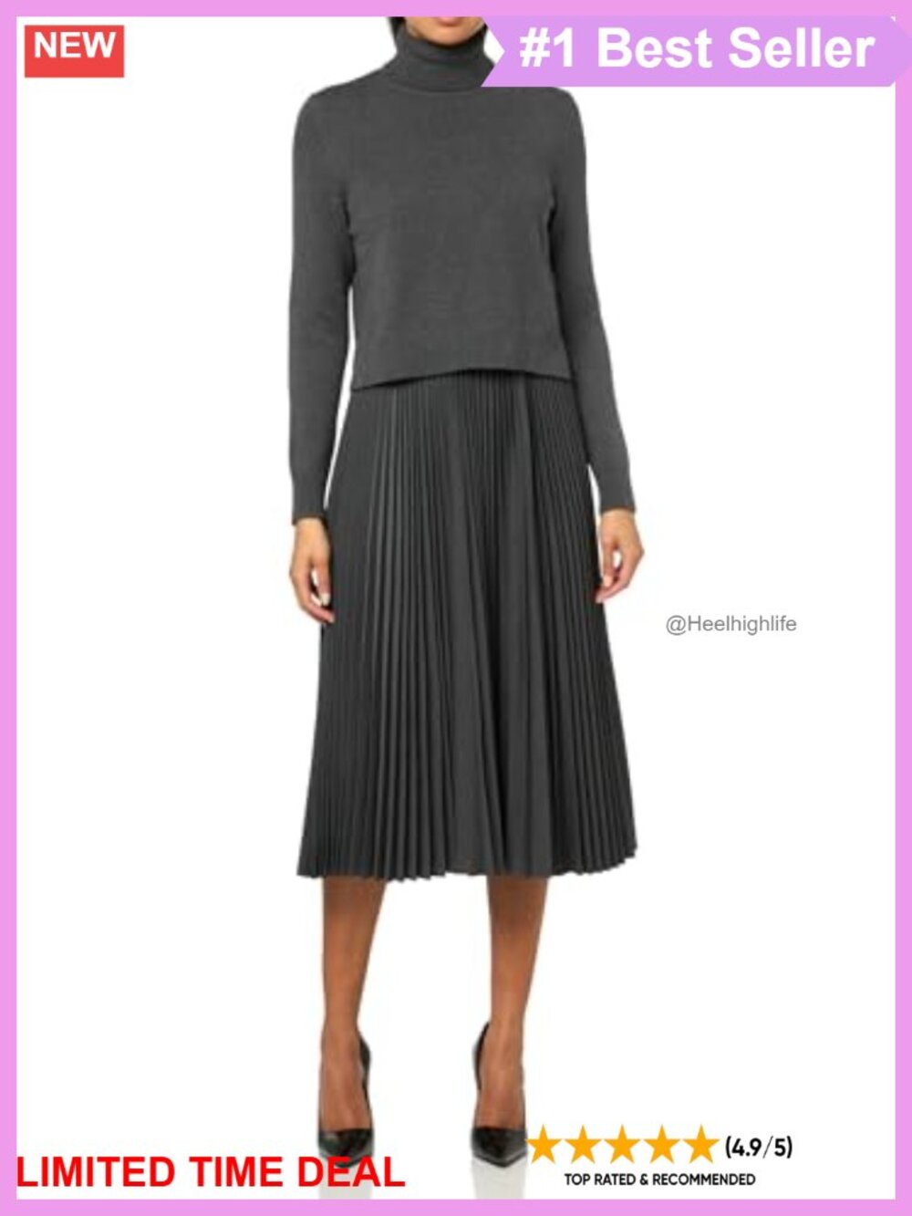 Long Sleeve Turtleneck Pullover Sweater Combo Dress Pleated Business Casual